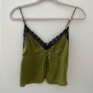 Green Cami with Black Lace Detail
